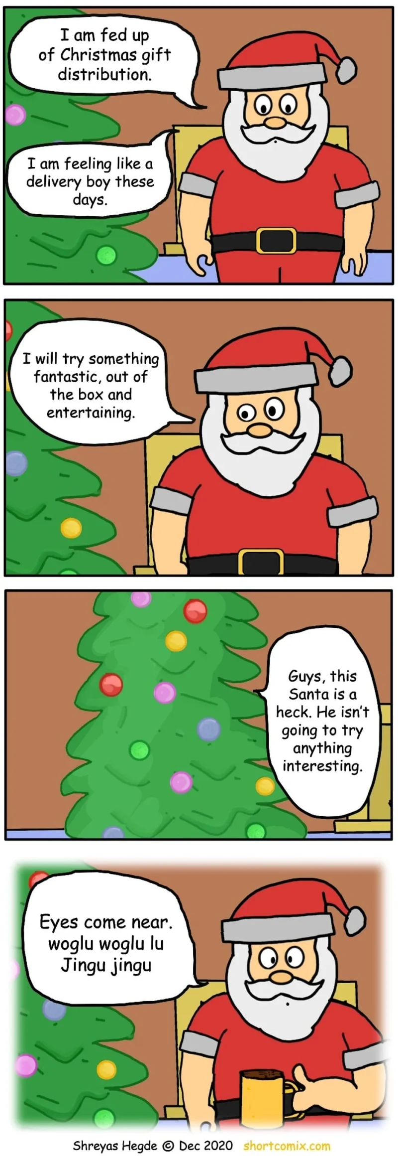Santa stands beside a Christmas tree and gets delulu
