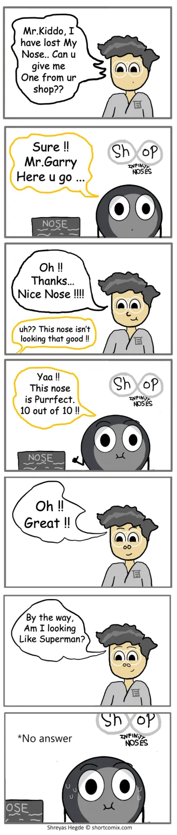 A customer talks with a store worker at a shop asking for hand drawn cartoon noses.