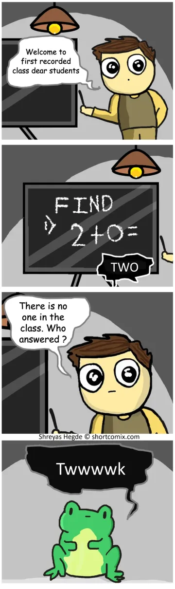 A secret student attends an online maths class with a teacher, blackboard, and computer screen.